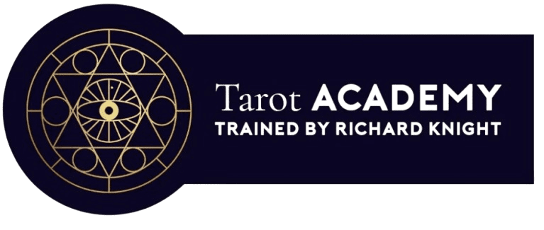 A green banner with the words " tarot academy trained by richard